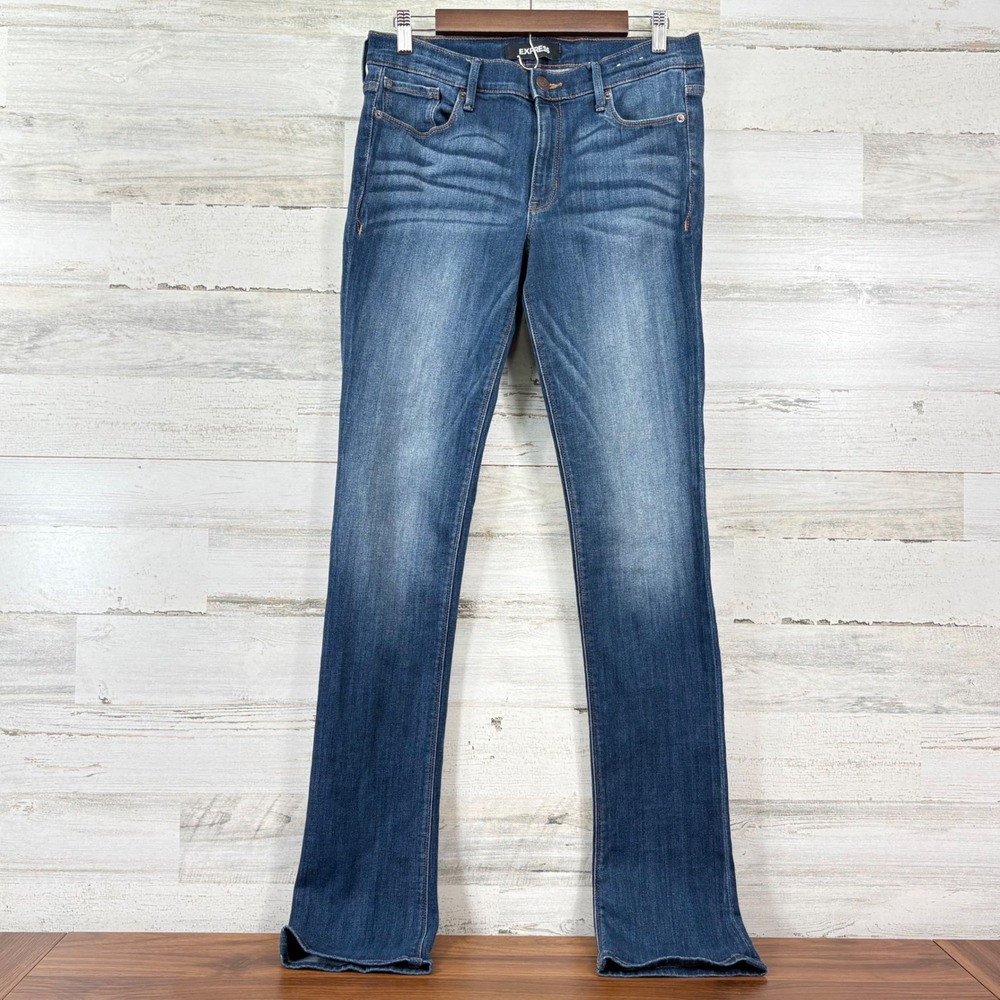 Express Skyscraper Jeans Women 10L Blue Mid Rise Flare Stretch Denim Indie 32x35